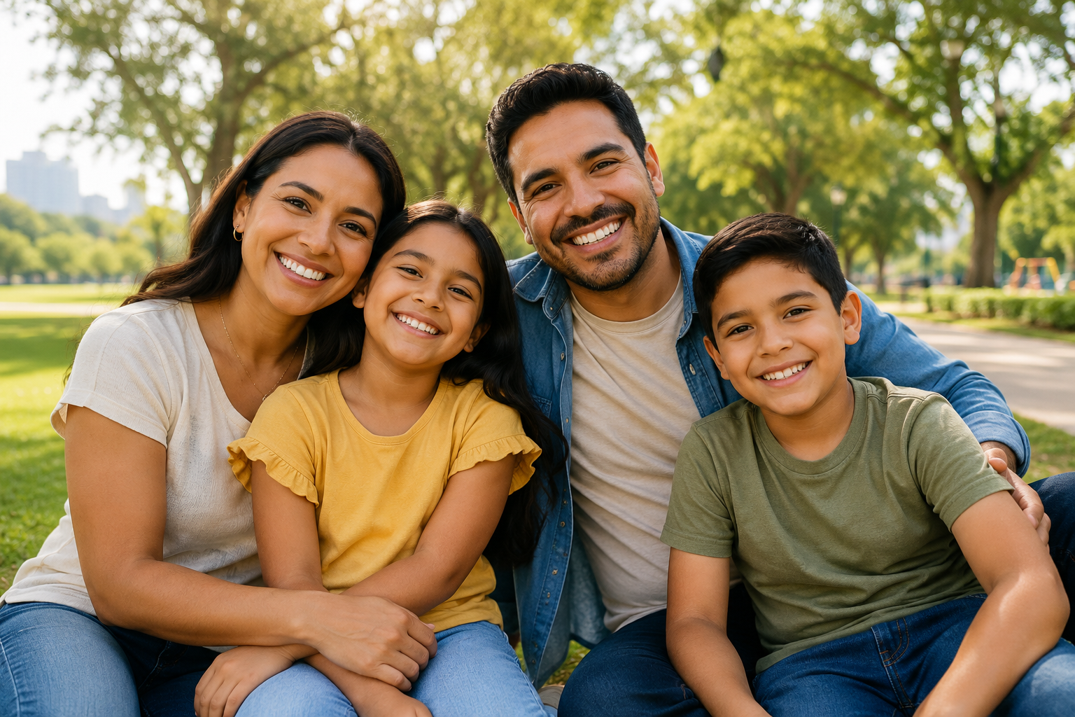 Una familia latina sonriendo en un parque